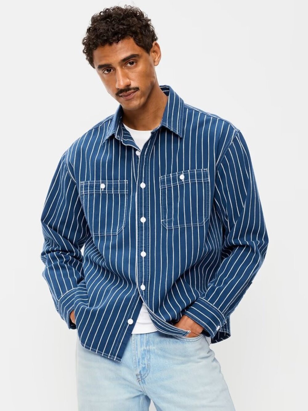 Old Navy XXL Blue Railroad Stripe LooseFit Striped Workwear Shirt 60% off Retail